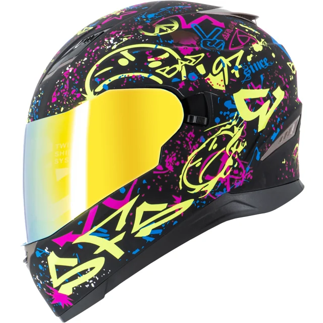 Motorradhelm Sting Graffiti Gelb Sonnenblende + Verspiegeltes Visier